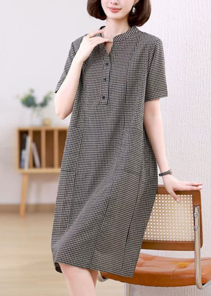 Grey Plaid Linen Mid Dresses Stand Collar Summer