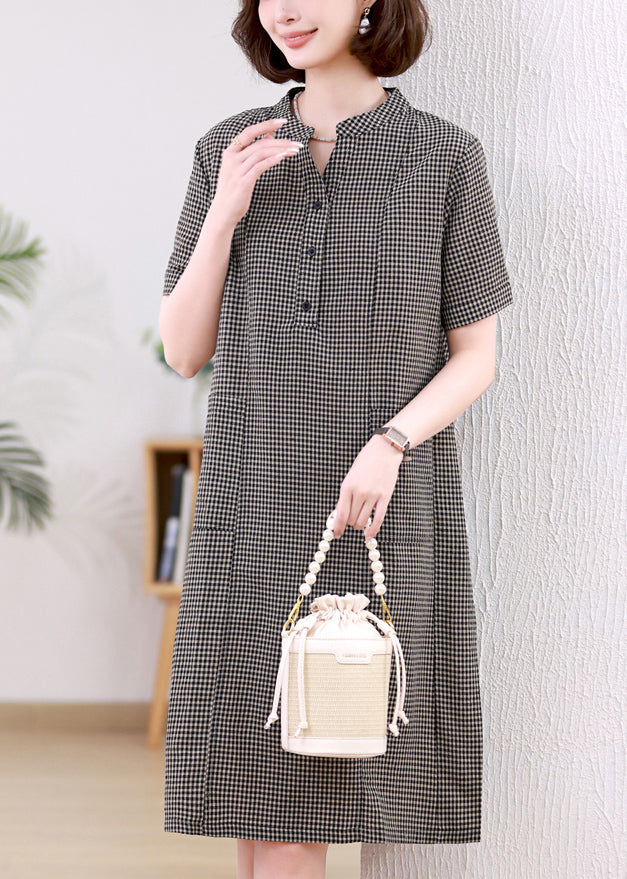 Grey Plaid Linen Mid Dresses Stand Collar Summer