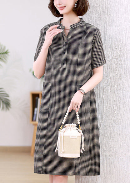 Grey Plaid Linen Mid Dresses Stand Collar Summer
