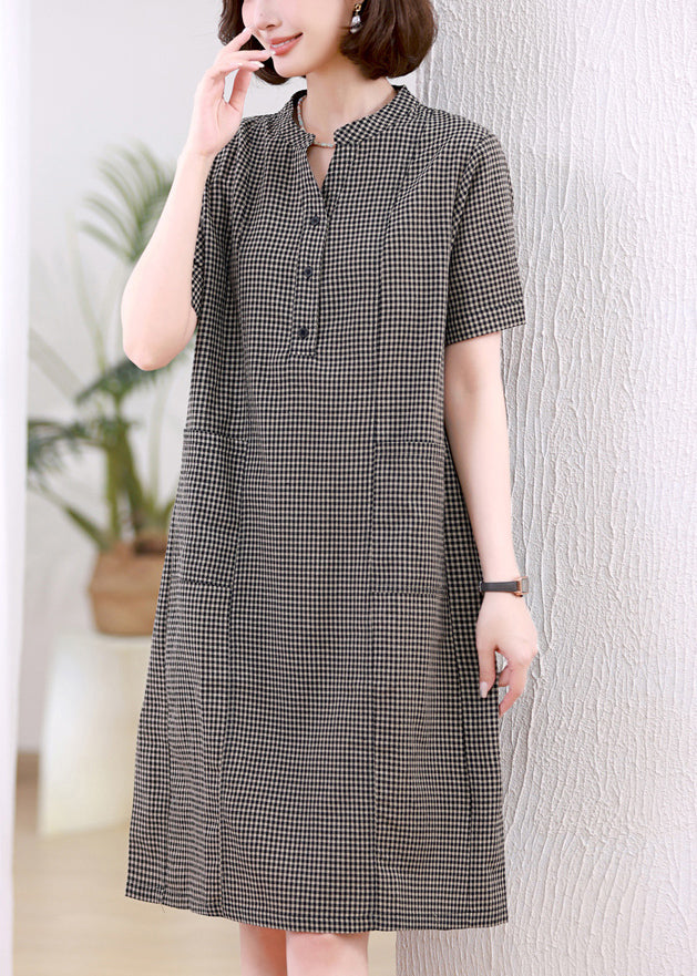 Grey Plaid Linen Mid Dresses Stand Collar Summer