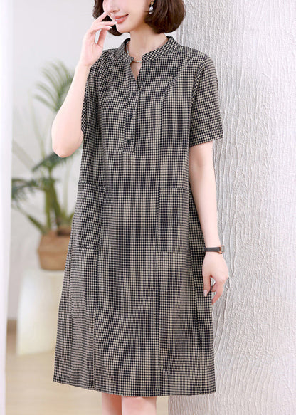 Grey Plaid Linen Mid Dresses Stand Collar Summer