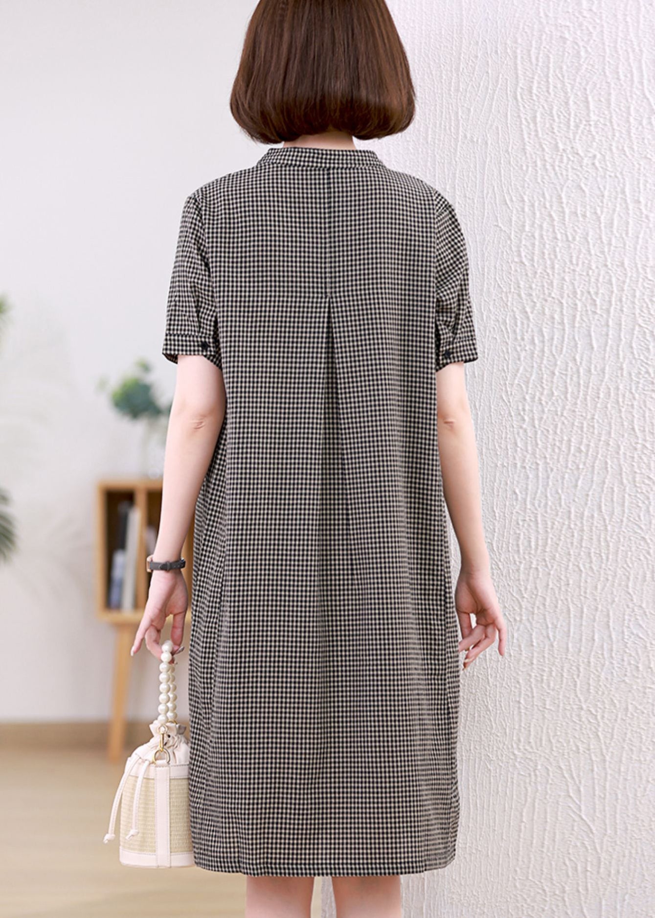 Grey Plaid Linen Mid Dresses Stand Collar Summer
