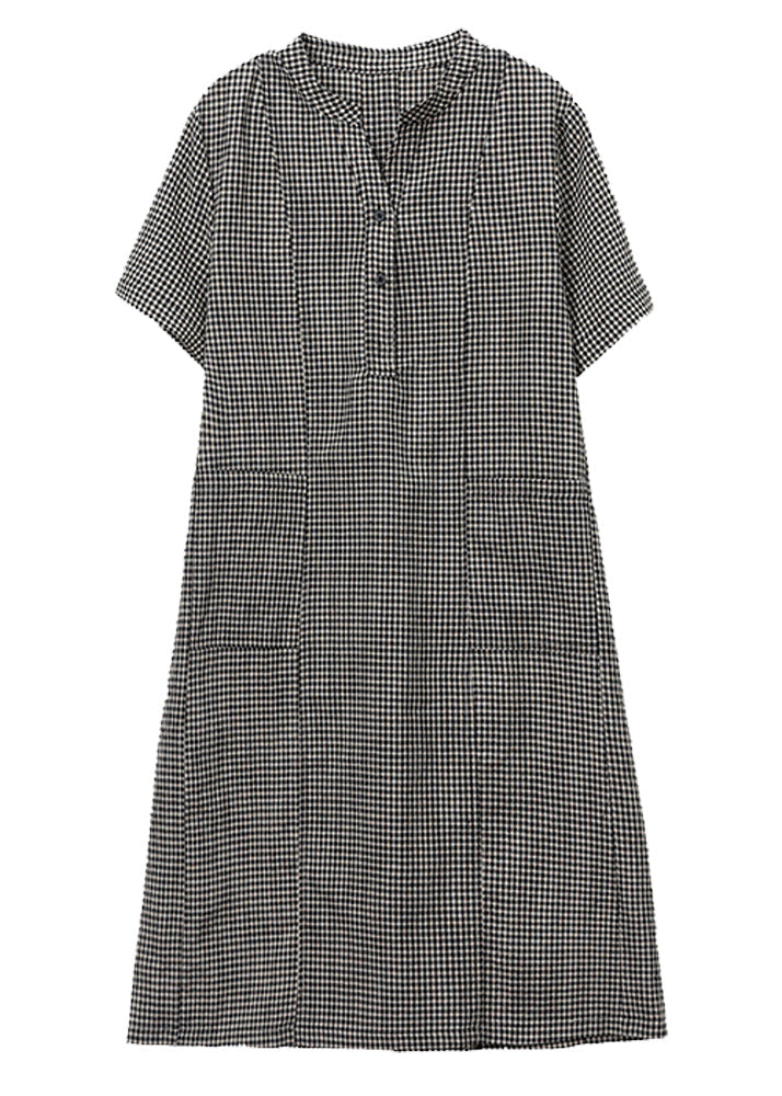 Grey Plaid Linen Mid Dresses Stand Collar Summer