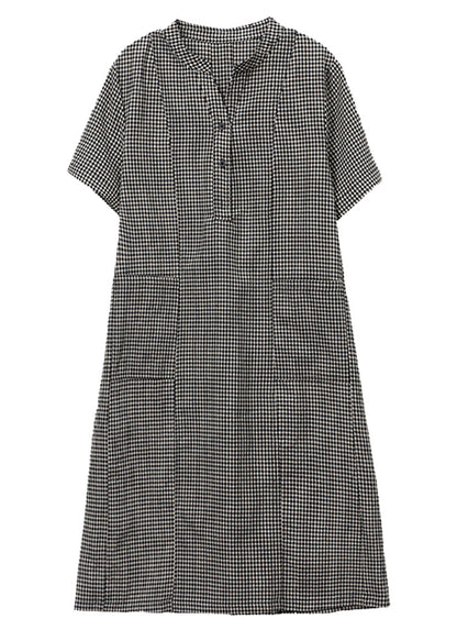 Grey Plaid Linen Mid Dresses Stand Collar Summer