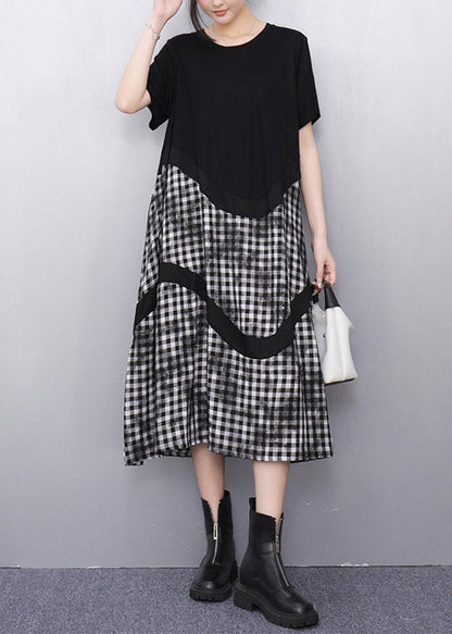 Grey Plaid Patchwork Cotton Vacation Dresses Summer