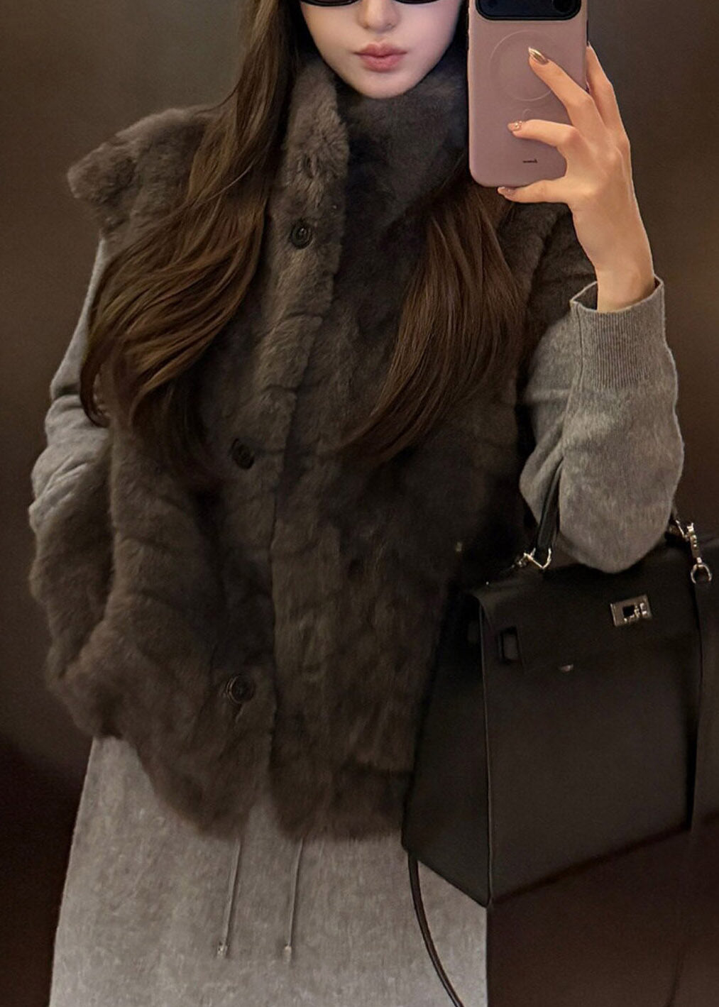Grey Pockets Patchwork Faux Fur Waistcoat Fall