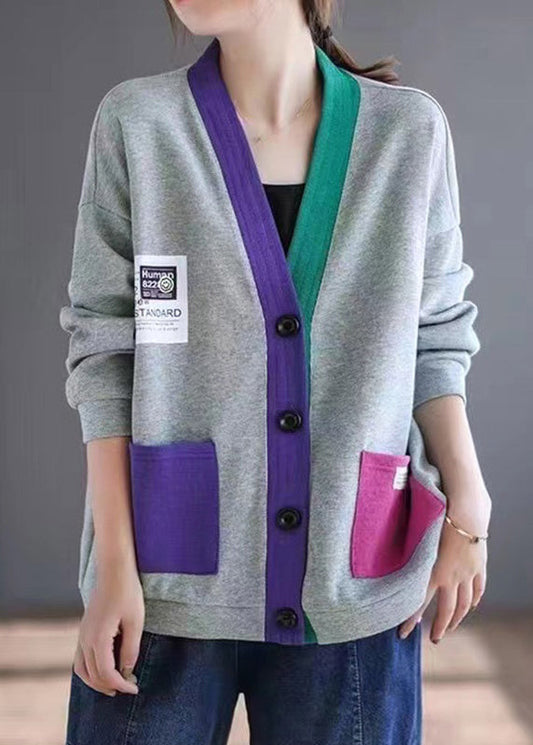 Grey Pockets Patchwork Loose Cotton Cardigans V Neck Spring