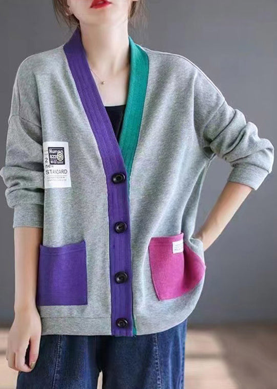Grey Pockets Patchwork Loose Cotton Cardigans V Neck Spring