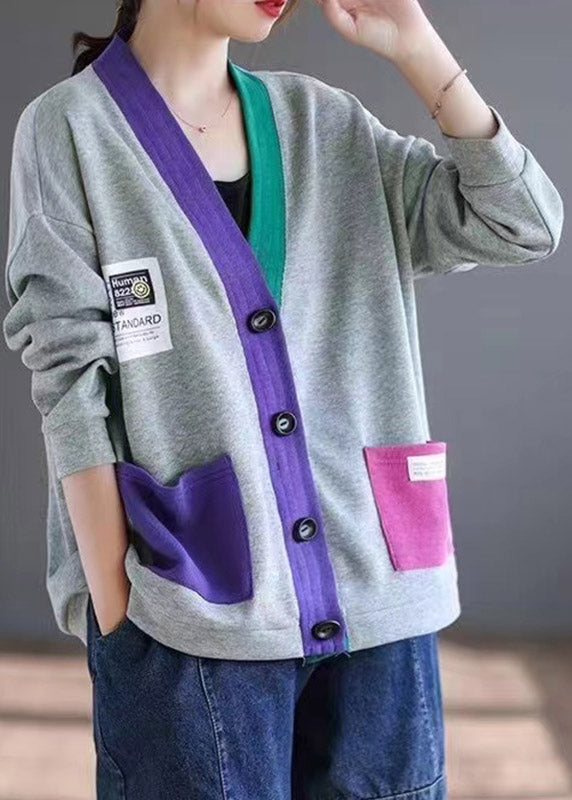 Grey Pockets Patchwork Loose Cotton Cardigans V Neck Spring
