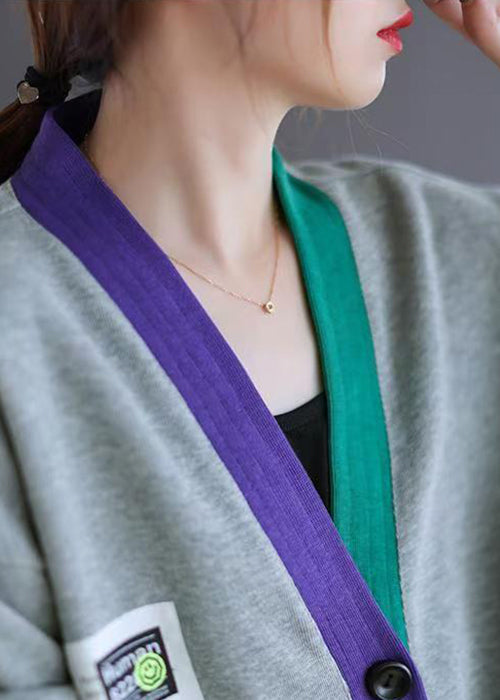 Grey Pockets Patchwork Loose Cotton Cardigans V Neck Spring