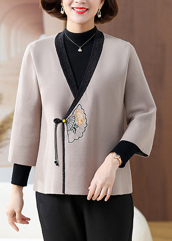 Grey Print Button Tassel Knit Coats Three Quarter Sleeve