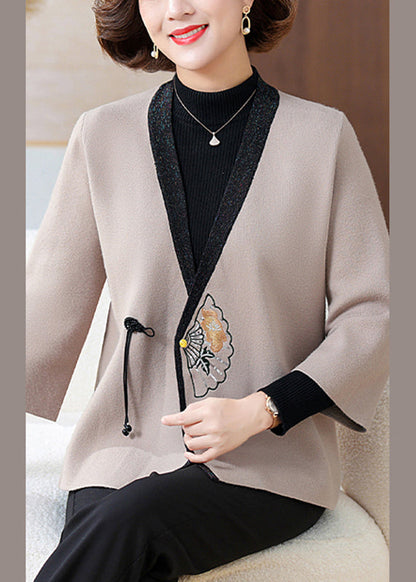 Grey Print Button Tassel Knit Coats Three Quarter Sleeve