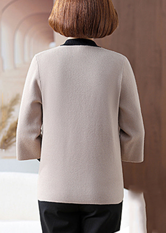 Grey Print Button Tassel Knit Coats Three Quarter Sleeve