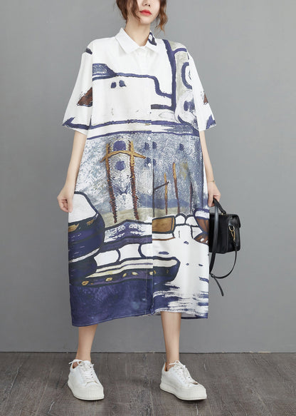 Grey Print Cotton Shirt Dresses Oversized Summer