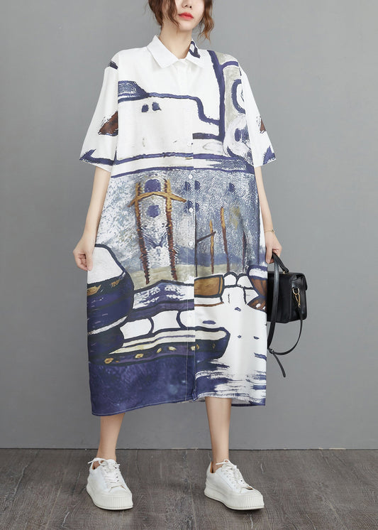 Grey Print Cotton Shirt Dresses Oversized Summer