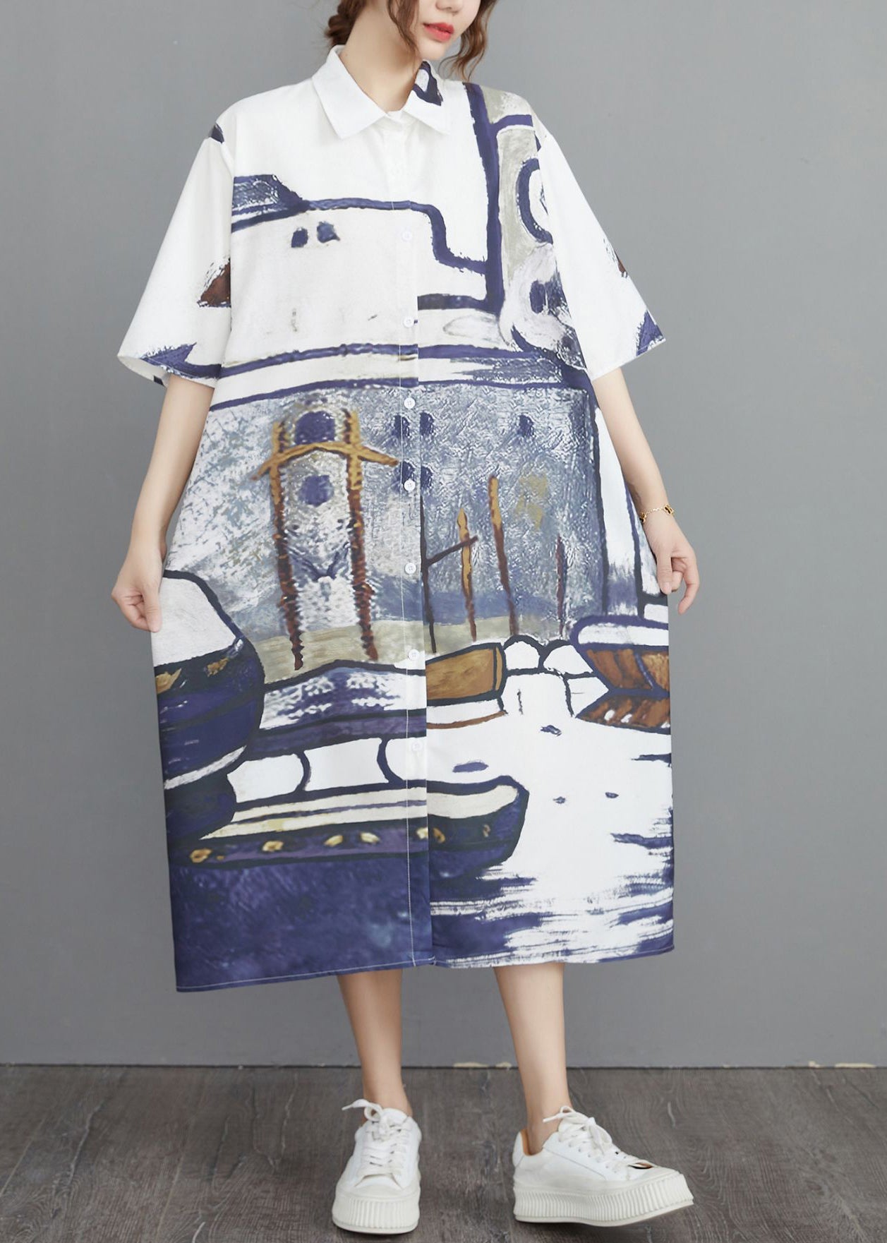 Grey Print Cotton Shirt Dresses Oversized Summer