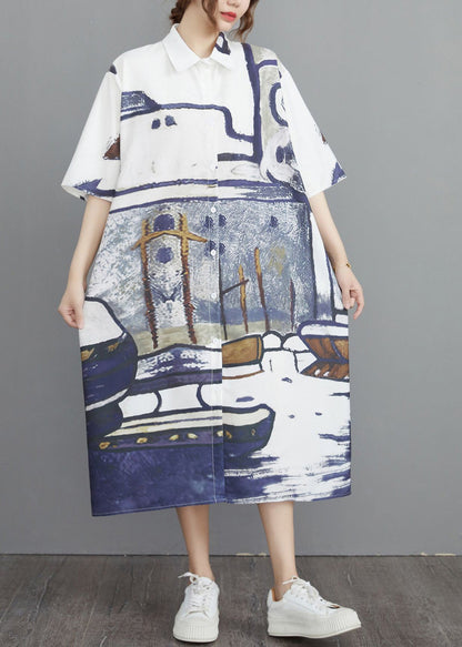 Grey Print Cotton Shirt Dresses Oversized Summer