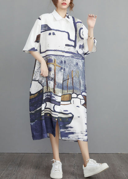 Grey Print Cotton Shirt Dresses Oversized Summer