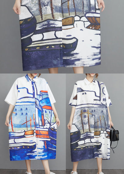 Grey Print Cotton Shirt Dresses Oversized Summer