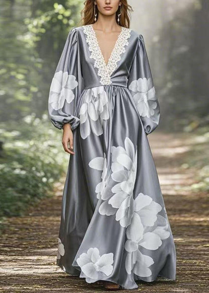 Grey Print Oversized Silk Maxi Dress V Neck Spring