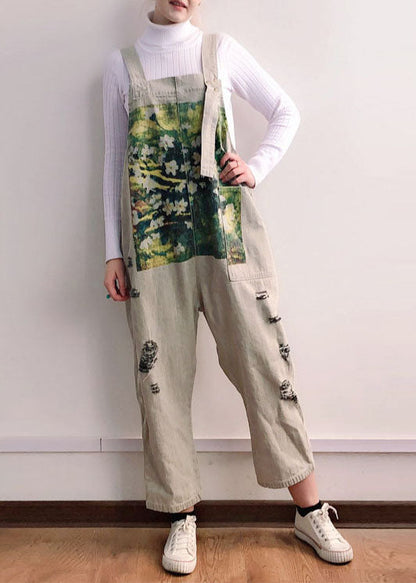 Grey Print Patchwork Jumpsuit Straight Denim Spring