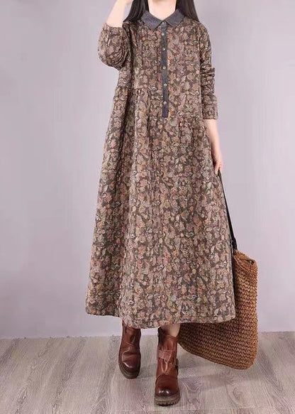 Grey Print Pockets Patchwork Fine Cotton Filled Dress Wrinkled Winter
