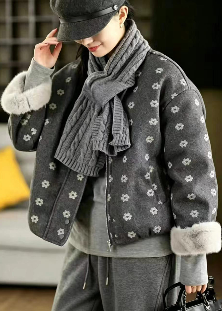 Grey Print Short Jacket With Scarf Woolen Furry Lining Winter