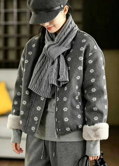 Grey Print Short Jacket With Scarf Woolen Furry Lining Winter