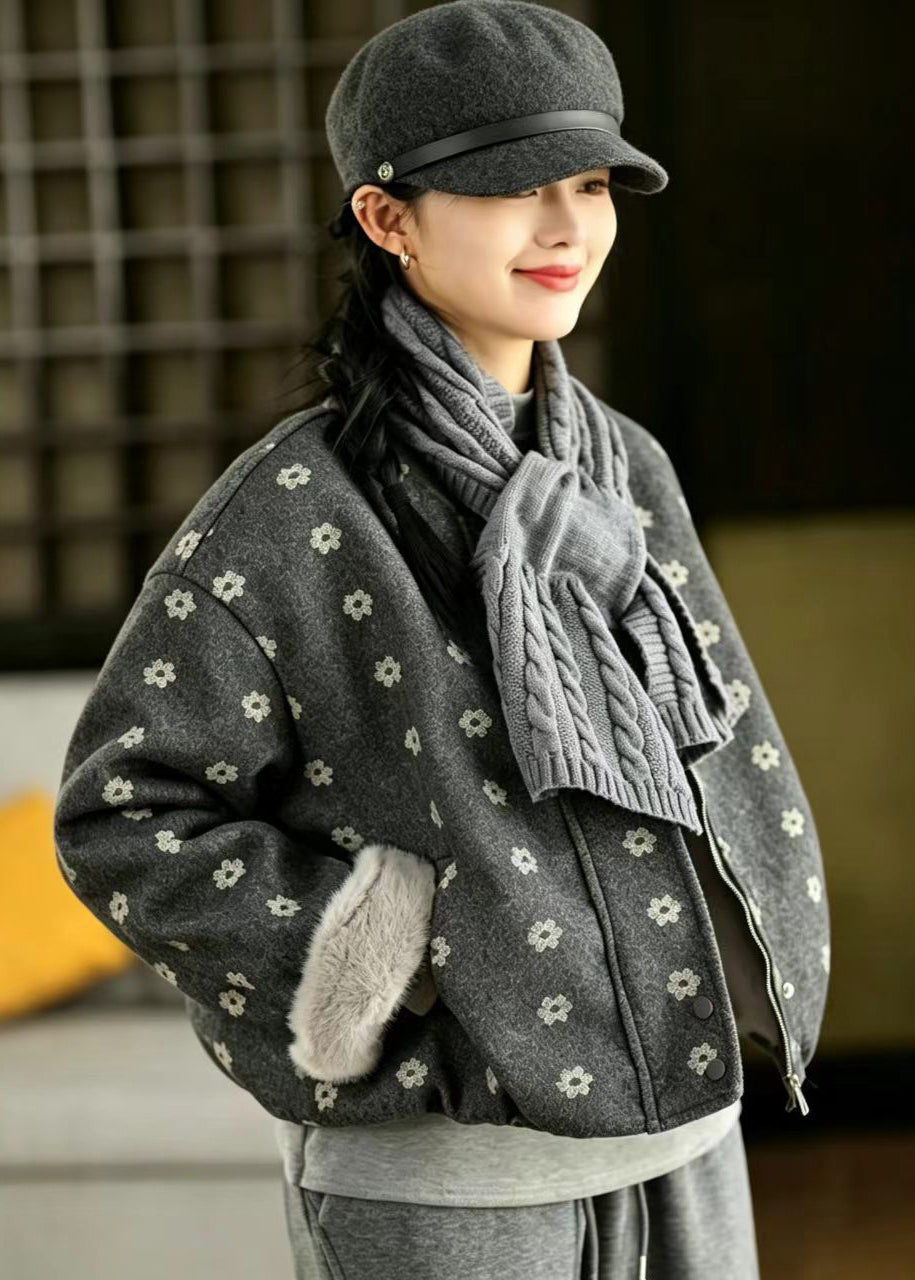 Grey Print Short Jacket With Scarf Woolen Furry Lining Winter