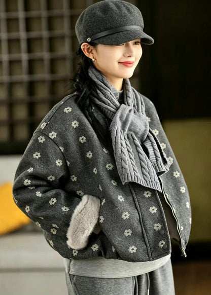 Grey Print Short Jacket With Scarf Woolen Furry Lining Winter
