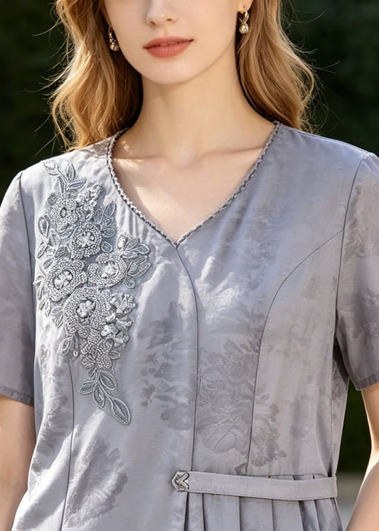 Grey Print Silk Top Embroidered Asymmetrical Design Summer