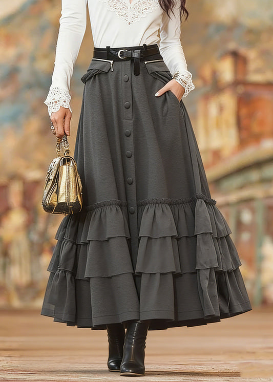 Grey Ruffle Trim Single Breasted Pocket Overlay Maxi Skirt