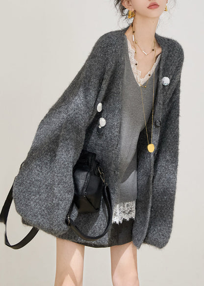 Grey Sequins Solid Cotton Knit Cardigans Spring