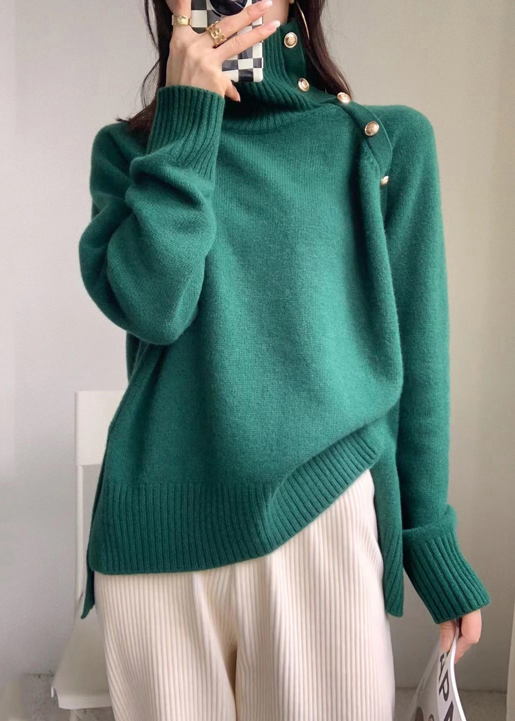 Grey Side Open Low High Design Knit Sweaters Turtleneck Winter