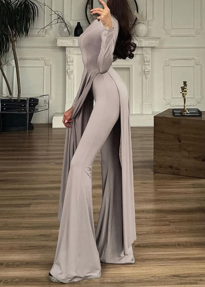 Grey Side Open Solid Cotton Two Pieces Set Spring O Neck