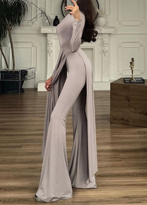Grey Side Open Solid Cotton Two Pieces Set Spring O Neck