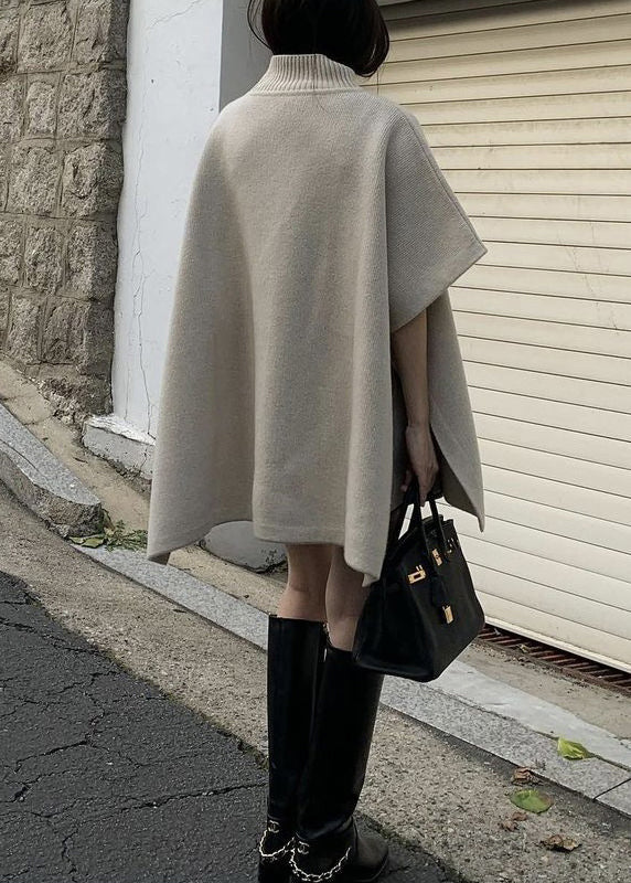 Grey Side Open Solid Knit Cape Style Sweater Turtleneck Batwing Sleeve