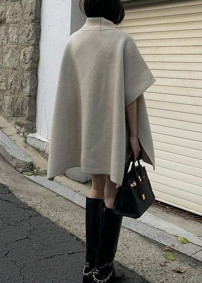 Grey Side Open Solid Knit Cape Style Sweater Turtleneck Batwing Sleeve