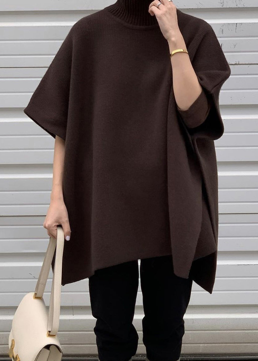 Grey Side Open Solid Knit Cape Style Sweater Turtleneck Batwing Sleeve