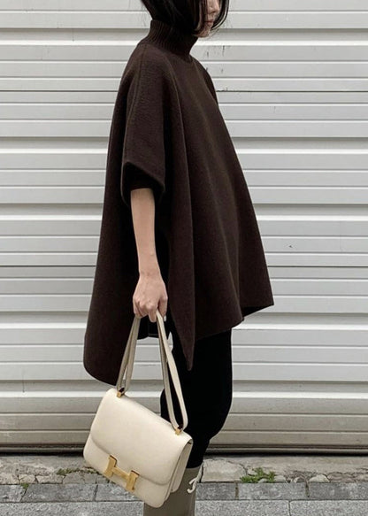 Grey Side Open Solid Knit Cape Style Sweater Turtleneck Batwing Sleeve