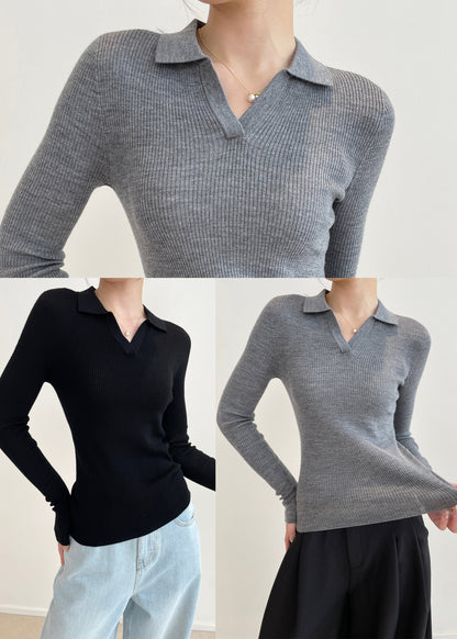 Grey Silm Fit Knit Sweaters Peter Pan Collar Spring