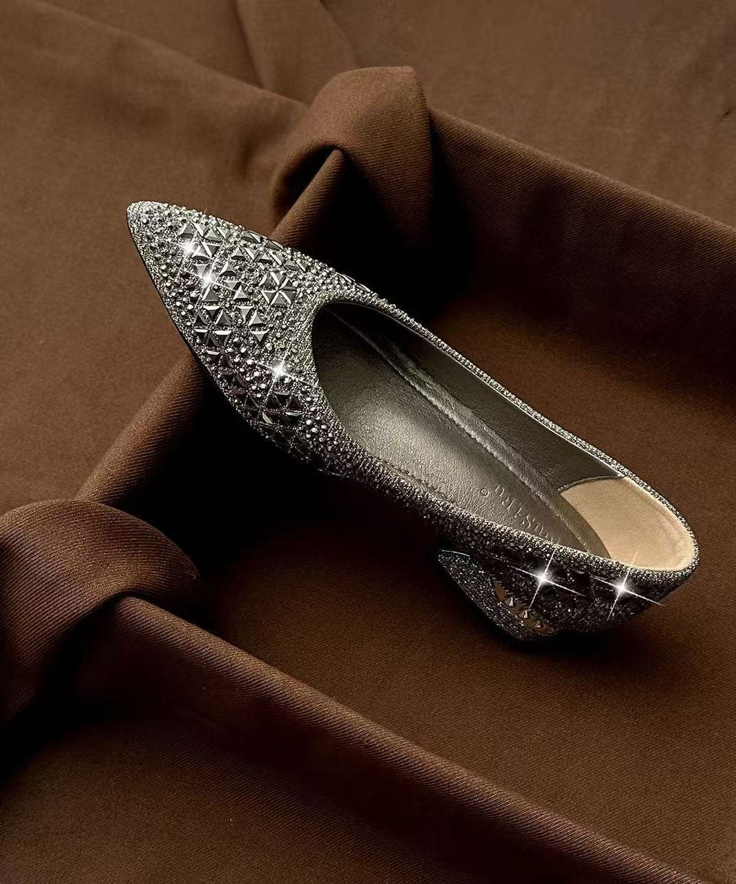Grey Silver Chunky Heels Comfy Splicing Zircon Pointed Toe