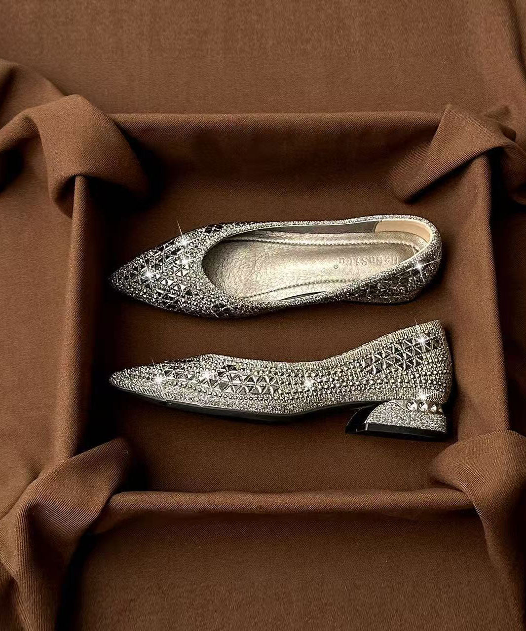 Grey Silver Chunky Heels Comfy Splicing Zircon Pointed Toe