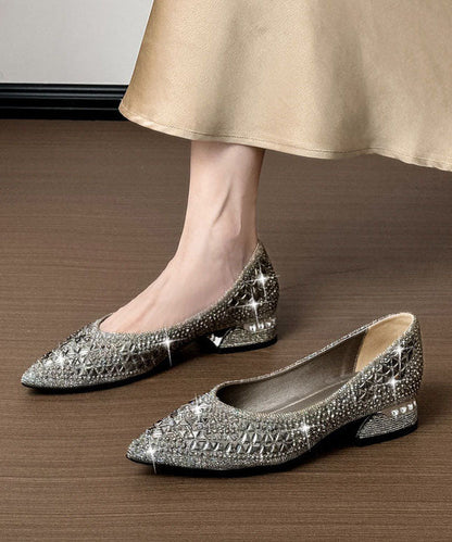 Grey Silver Chunky Heels Comfy Splicing Zircon Pointed Toe
