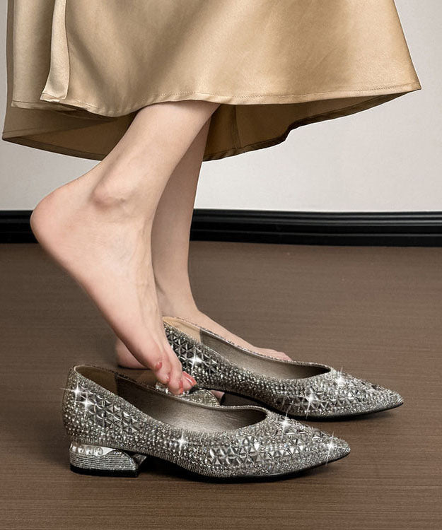 Grey Silver Chunky Heels Comfy Splicing Zircon Pointed Toe