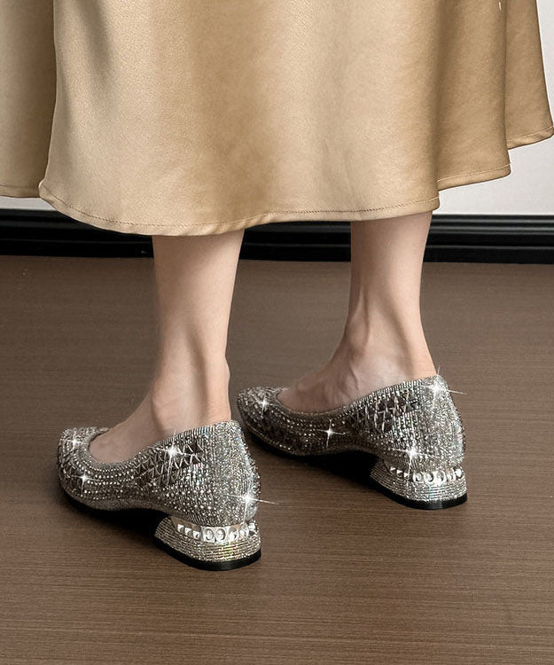 Grey Silver Chunky Heels Comfy Splicing Zircon Pointed Toe
