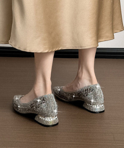 Grey Silver Chunky Heels Comfy Splicing Zircon Pointed Toe