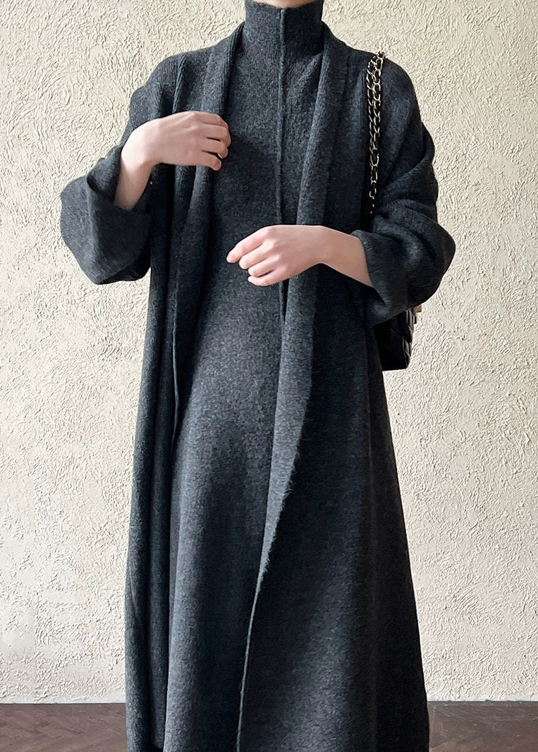 Grey Solid Cozy Knit Two Piece Set Turtleneck