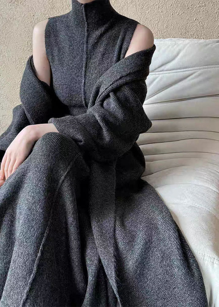 Grey Solid Cozy Knit Two Piece Set Turtleneck