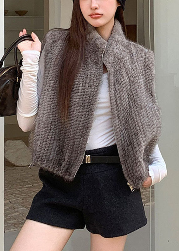 Grey Stand Collar Mink Hair Waistcoat Winter